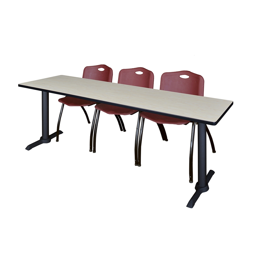 Cain 84" x 24" Training Table- Maple & 3 'M' Stack Chairs- Burgundy. Picture 1
