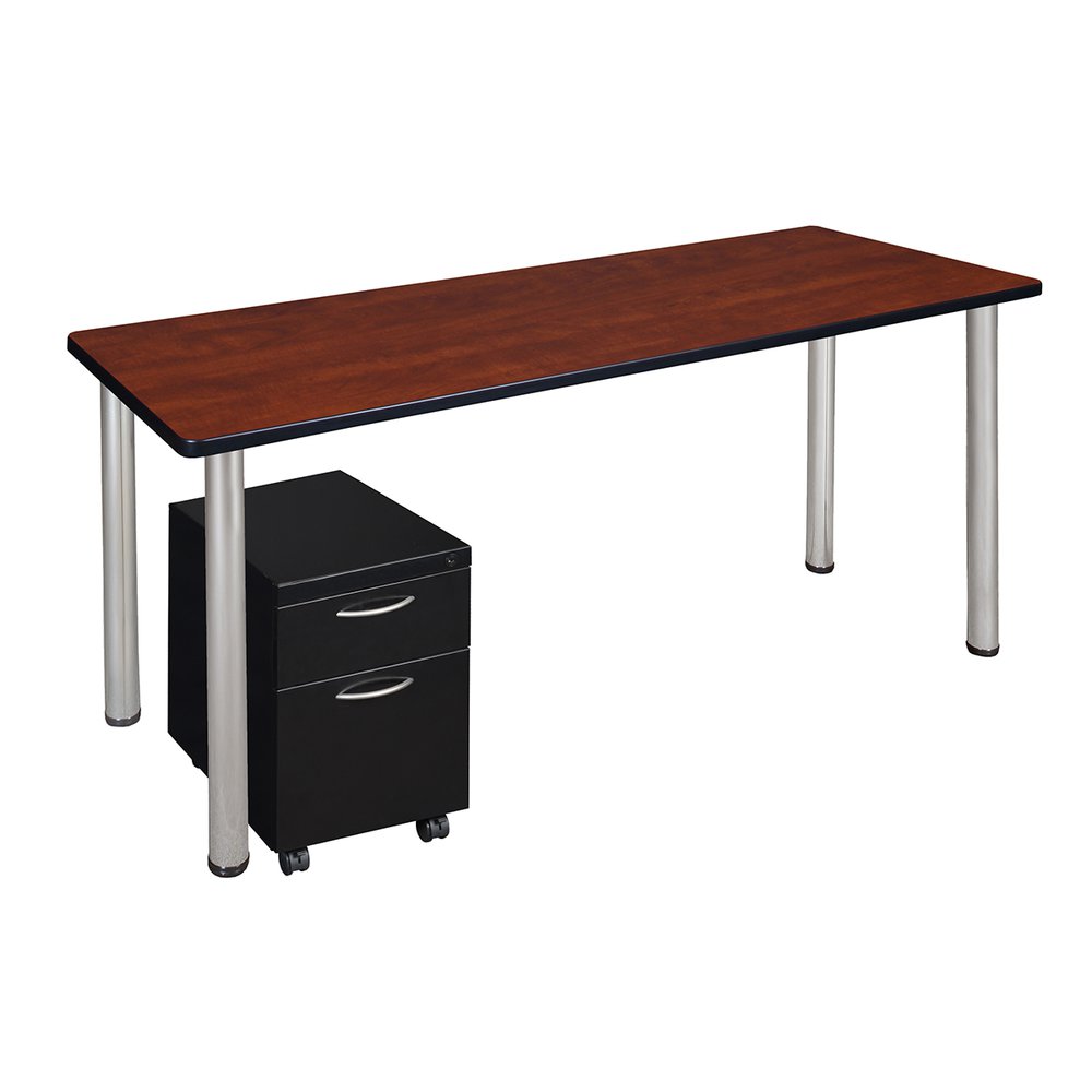 Kee 60" Single Mobile Pedestal Desk- Cherry/ Chrome. Picture 1