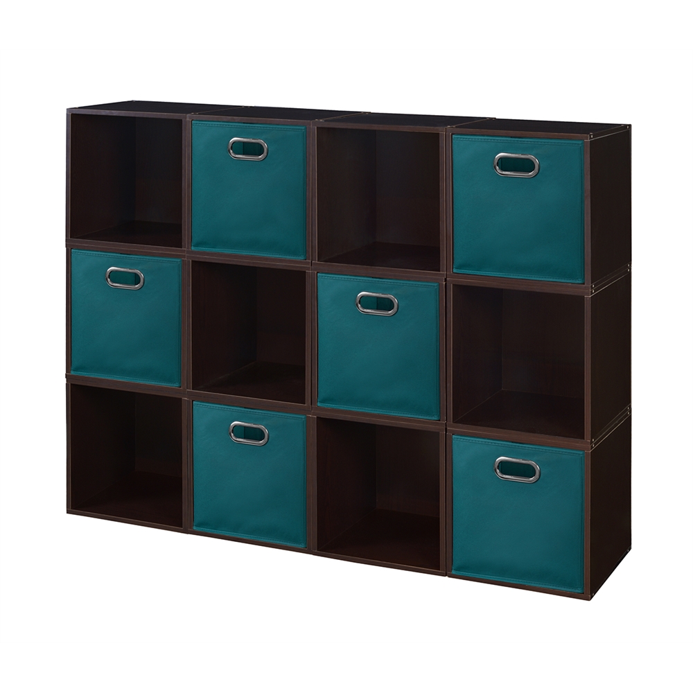 Cubo Storage Set - 12 Cubes and 6 Canvas Bins- Truffle/Teal. Picture 1