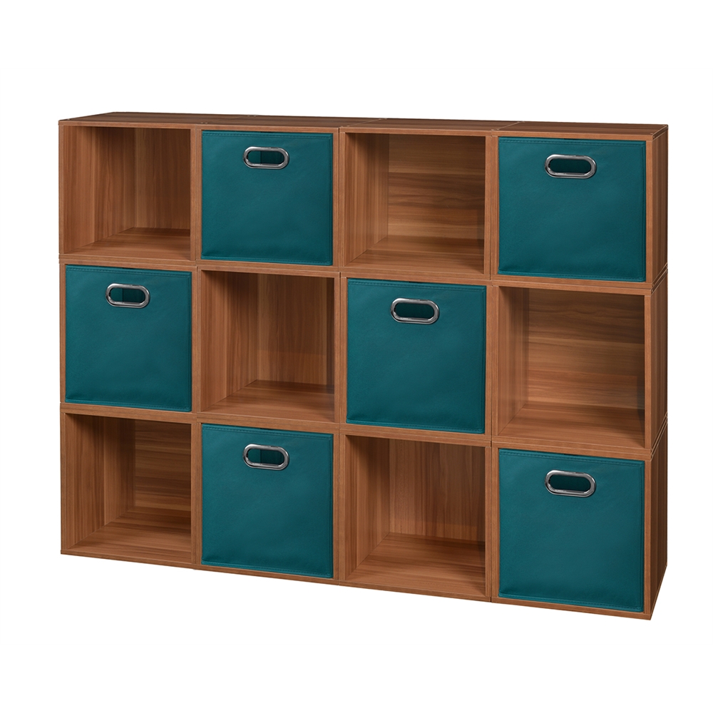 Cubo Storage Set - 12 Cubes and 6 Canvas Bins- Warm Cherry/Teal. The main picture.