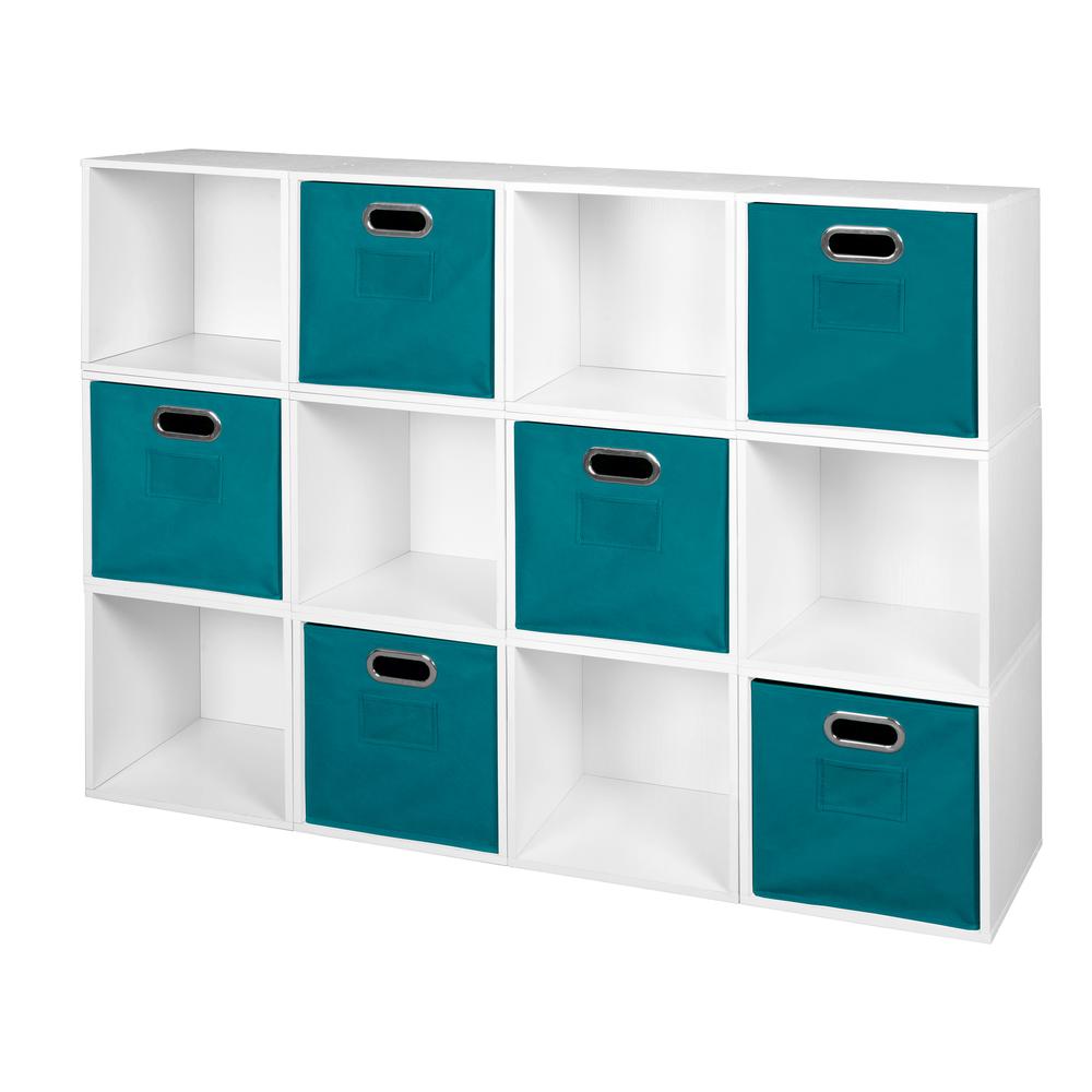 Niche Cubo Storage Set - 12 Cubes and 6 Canvas Bins- White Wood Grain/Teal. The main picture.