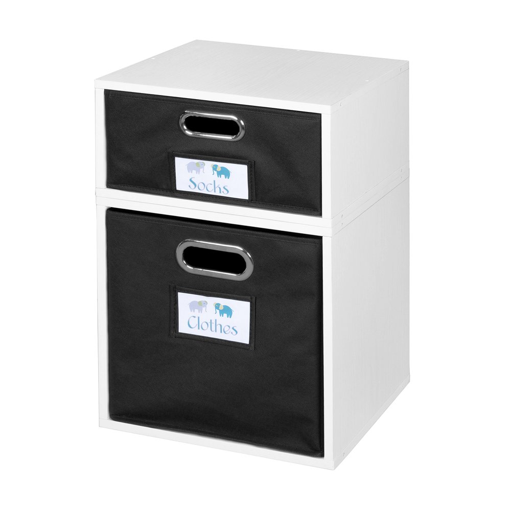 Niche Cubo Storage Set- 1 Half Cube/1 Full Cube with Foldable Storage Bins- White Wood Grain/Black. Picture 1