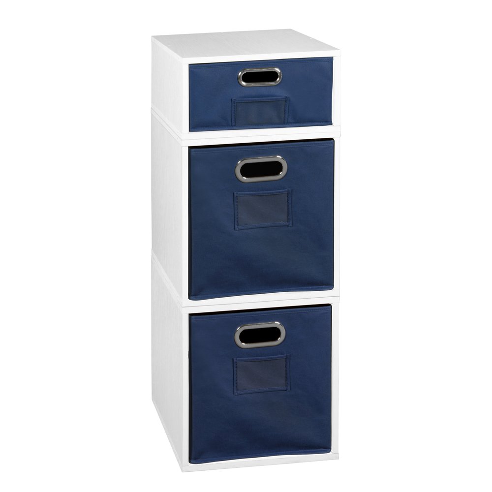 Niche Cubo Storage Set- 2 Full Cubes/1 Half Cube with Foldable Storage Bins- White Wood Grain/Blue. Picture 1