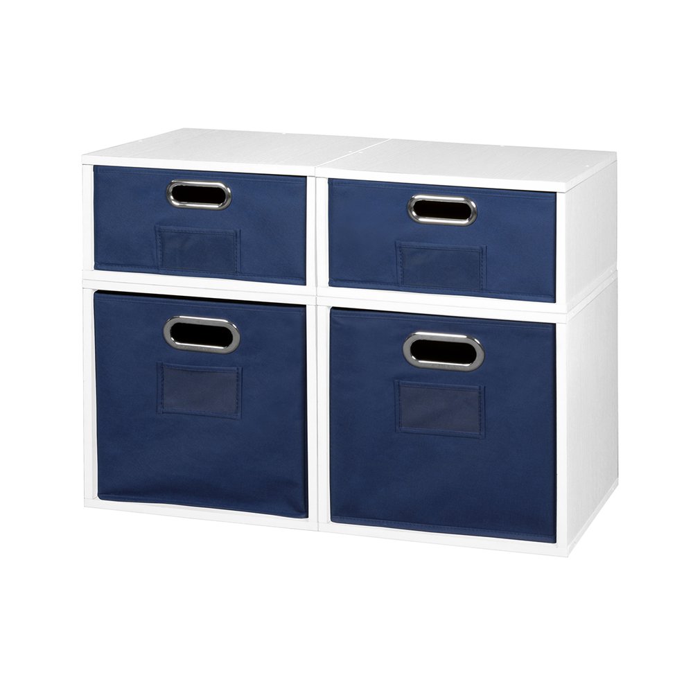 Niche Cubo Storage Set- 2 Full Cubes/2 Half Cubes with Foldable Storage Bins- White Wood Grain/Blue. The main picture.