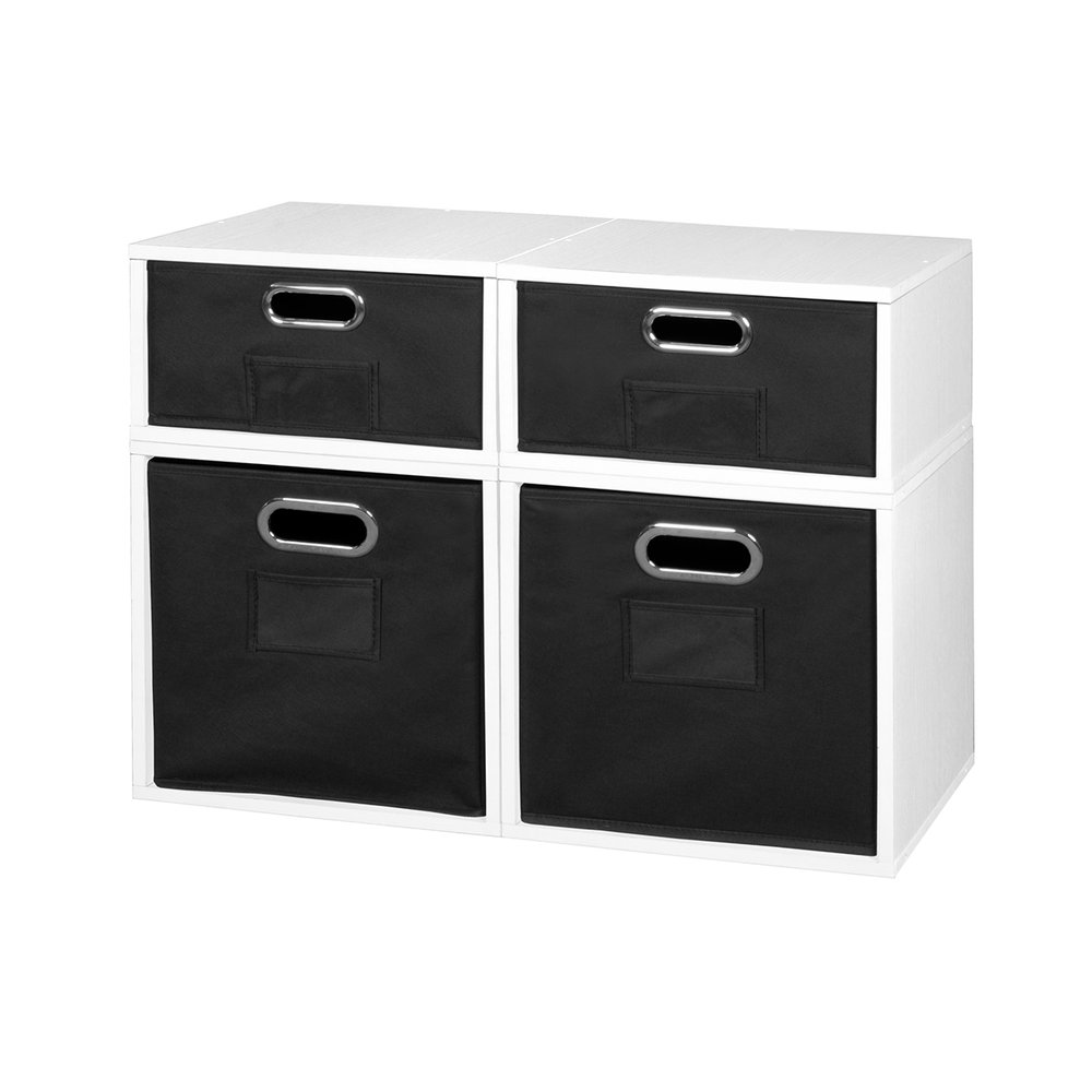 Niche Cubo Storage Set- 2 Full Cubes/2 Half Cubes with Foldable Storage Bins- White Wood Grain/Black. The main picture.