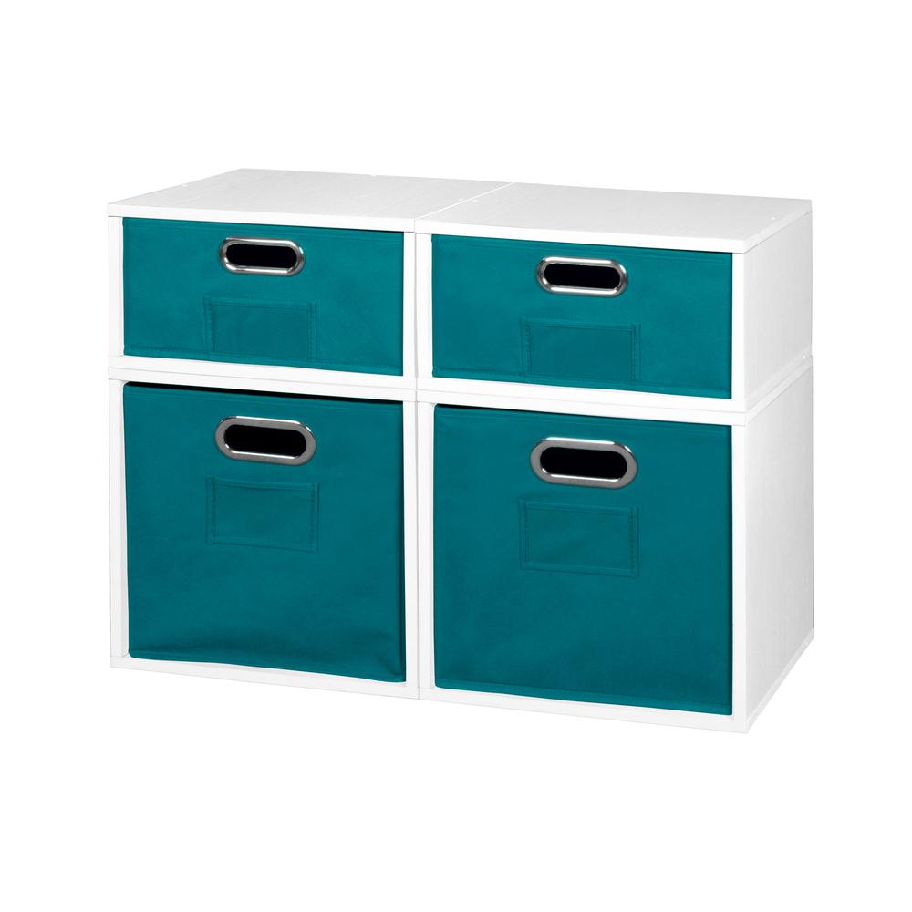 Niche Cubo Storage Set- 2 Full Cubes/2 Half Cubes with Foldable Storage Bins- White Wood Grain/Teal. The main picture.