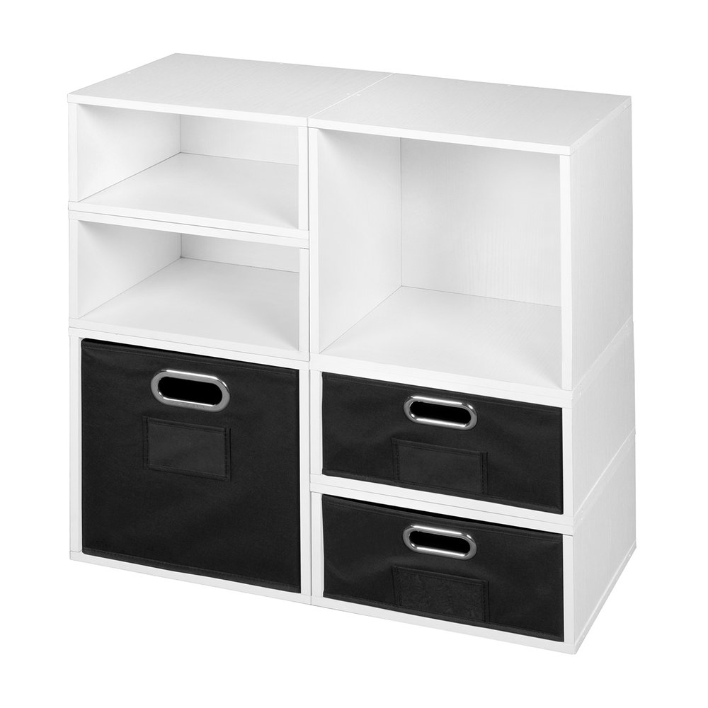 Niche Cubo Storage Set- 2 Full Cubes/4 Half Cubes with Foldable Storage Bins- White Wood Grain/Black. Picture 1