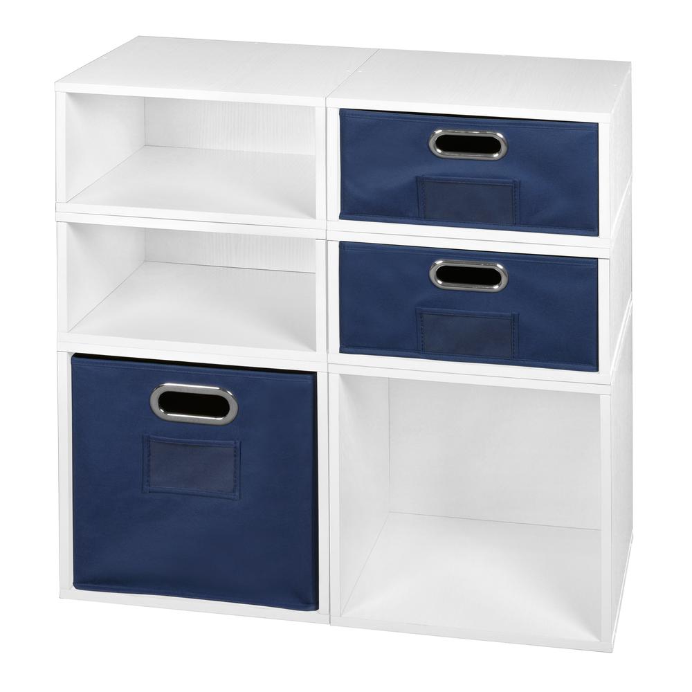 Niche Cubo Storage Set- 2 Full Cubes/4 Half Cubes with Foldable Storage Bins- White Wood Grain/Blue. Picture 1