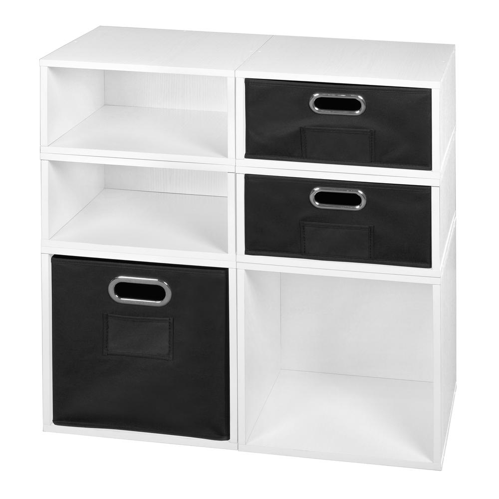 Niche Cubo Storage Set- 2 Full Cubes/4 Half Cubes with Foldable Storage Bins- White Wood Grain/Black. Picture 1