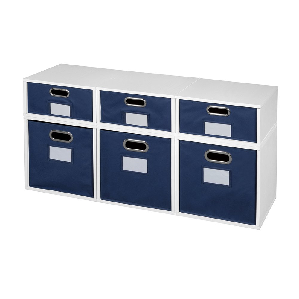 Niche Cubo Storage Set- 3 Full Cubes/3 Half Cubes with Foldable Storage Bins- White Wood Grain/Blue. Picture 1