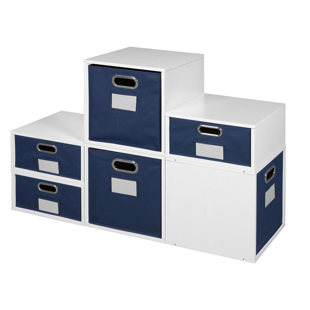 Niche Cubo Storage Set- 3 Full Cubes/3 Half Cubes with Foldable Storage Bins- White Wood Grain/Blue. Picture 2