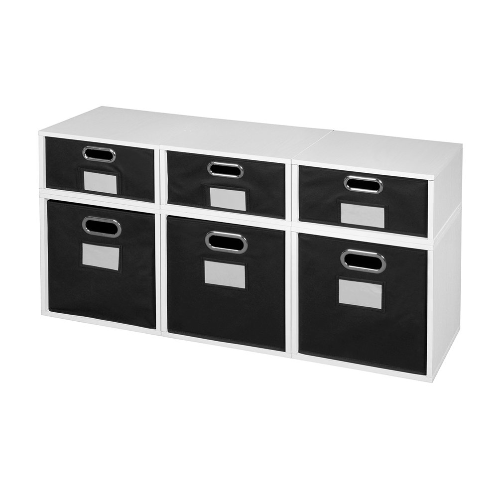 Niche Cubo Storage Set- 3 Full Cubes/3 Half Cubes with Foldable Storage Bins- White Wood Grain/Black. Picture 1