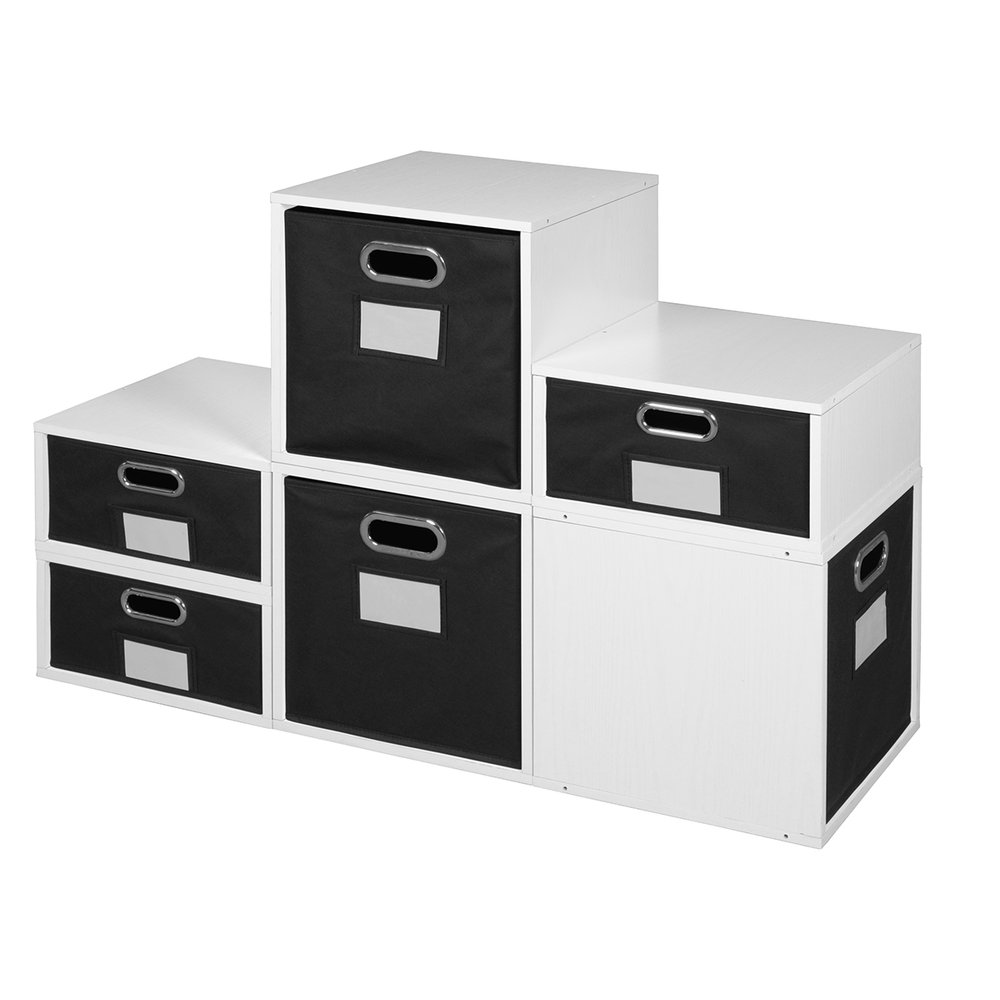 Niche Cubo Storage Set- 3 Full Cubes/3 Half Cubes with Foldable Storage Bins- White Wood Grain/Black. Picture 2