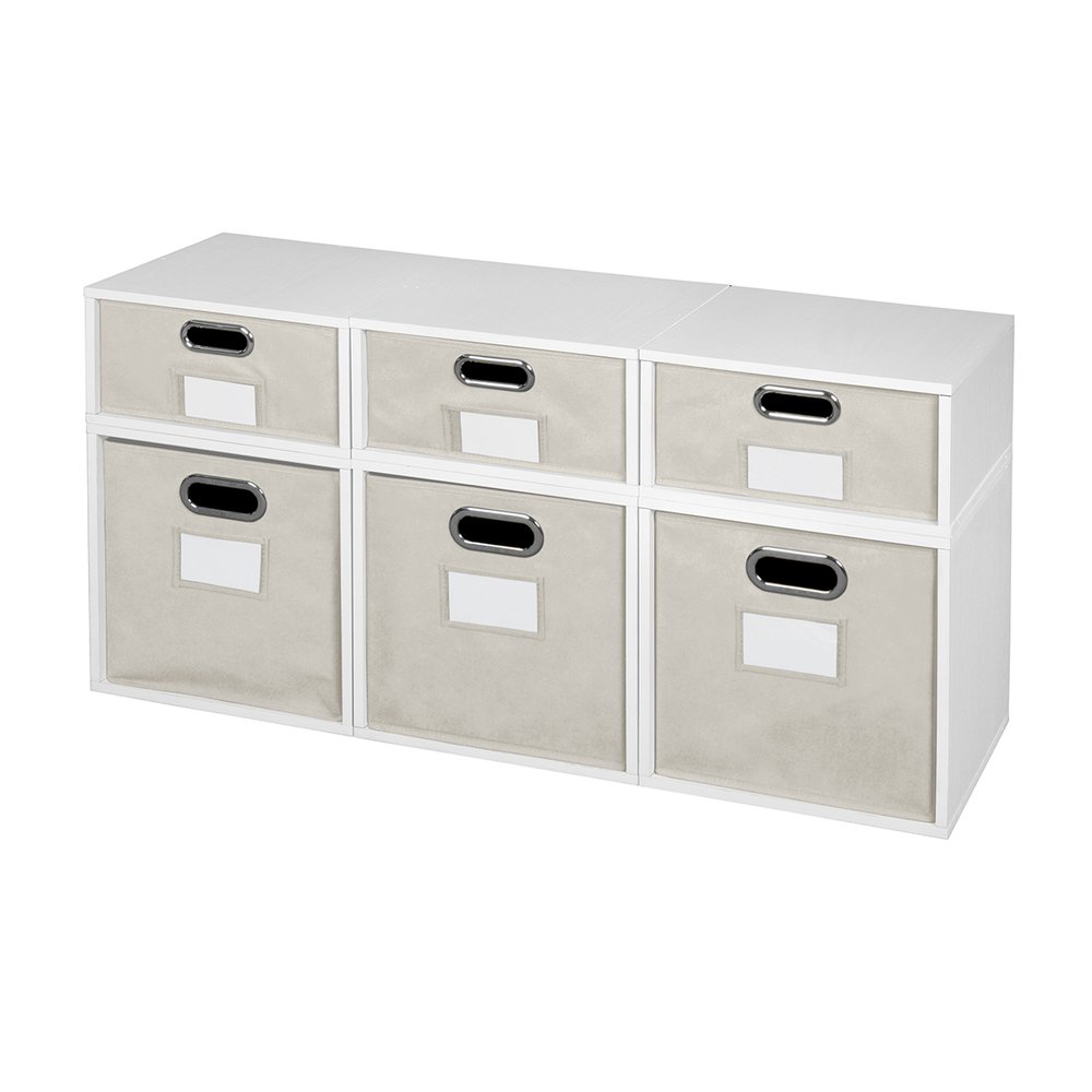 Niche Cubo Storage Set- 3 Full Cubes/3 Half Cubes with Foldable Storage Bins- White Wood Grain/Natural. Picture 1