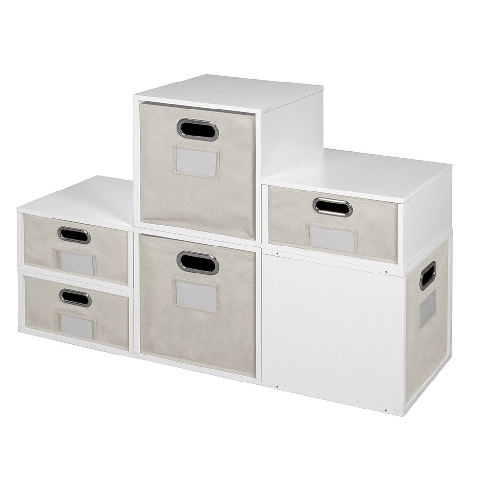 Niche Cubo Storage Set- 3 Full Cubes/3 Half Cubes with Foldable Storage Bins- White Wood Grain/Natural. Picture 2