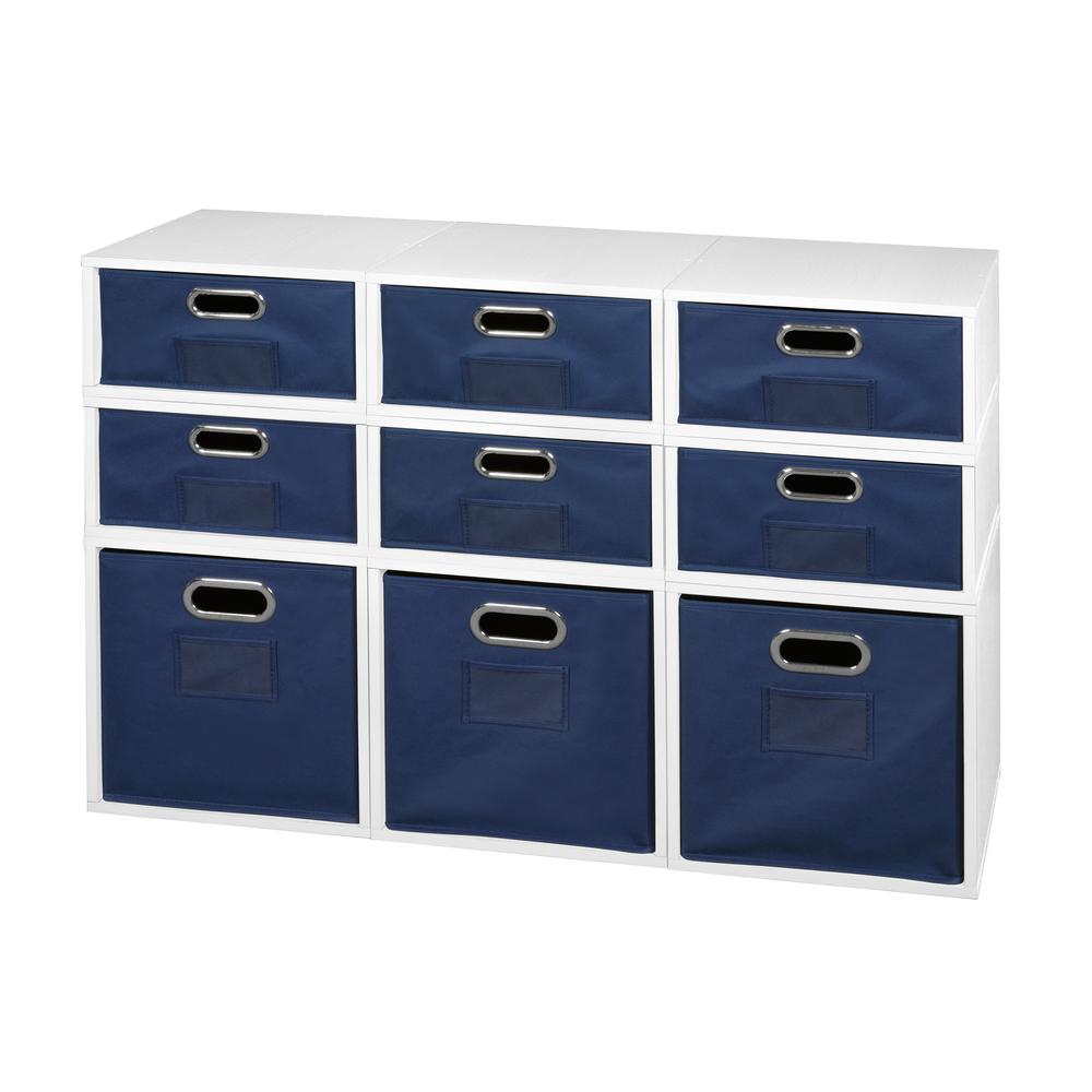 Niche Cubo Storage Set- 3 Full Cubes/6 Half Cubes with Foldable Storage Bins- White Wood Grain/Blue. Picture 1