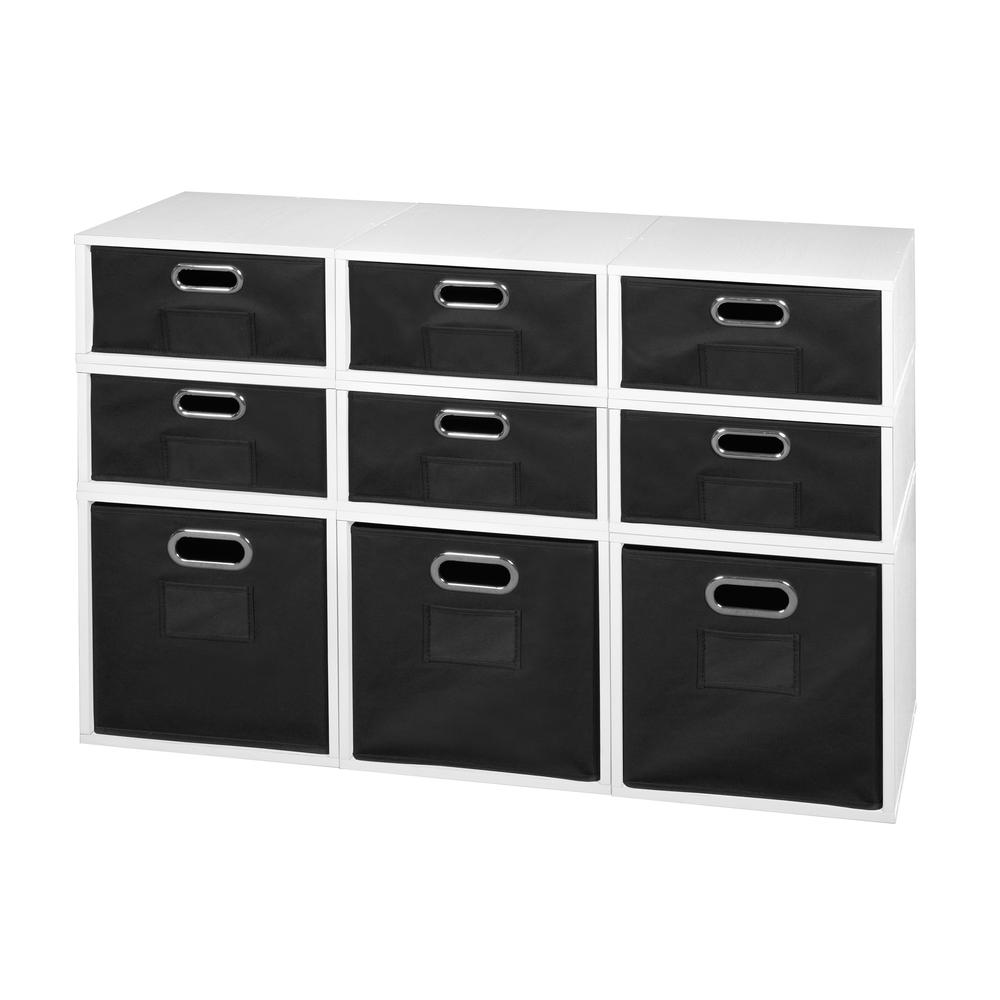 Niche Cubo Storage Set- 3 Full Cubes/6 Half Cubes with Foldable Storage Bins- White Wood Grain/Black. Picture 1