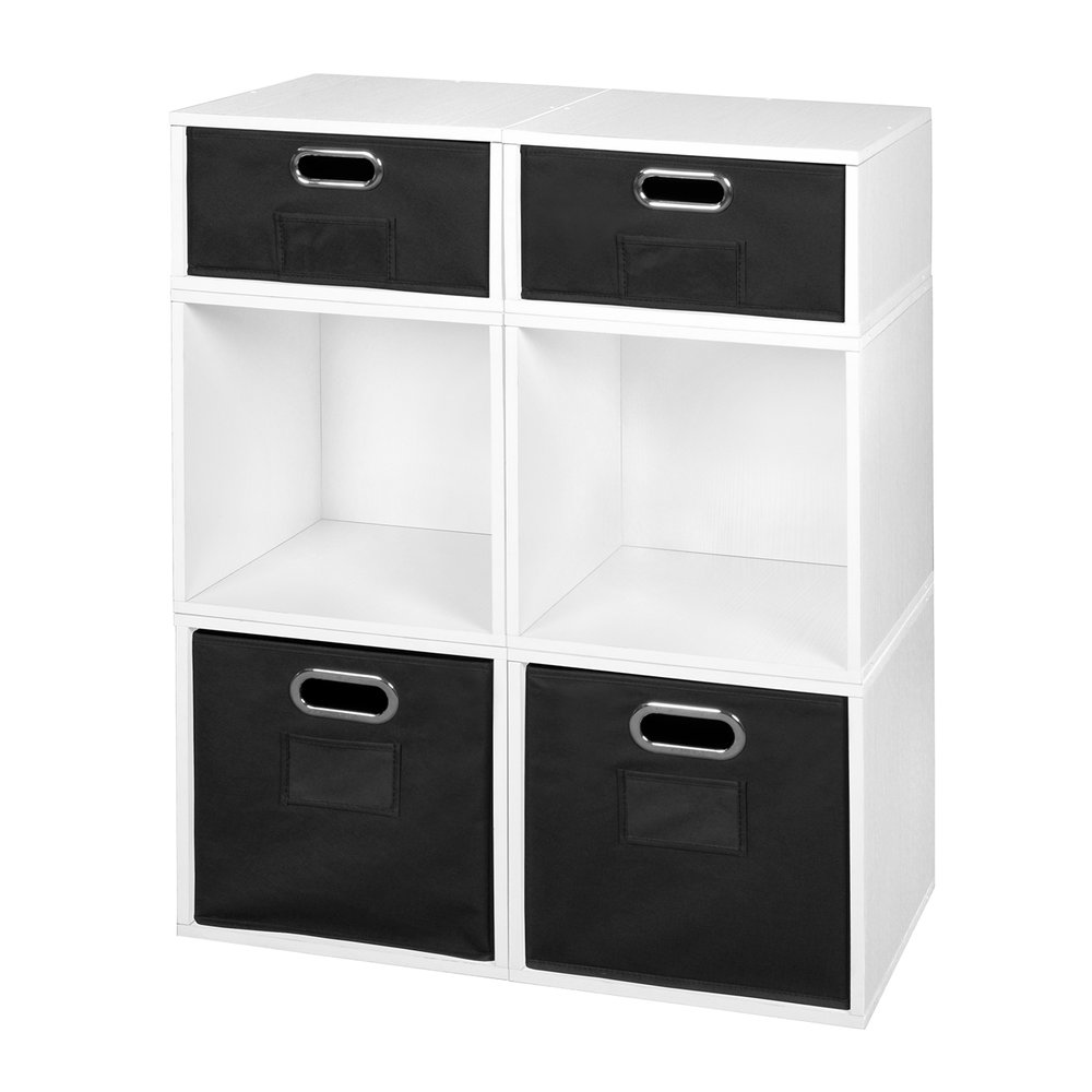 Niche Cubo Storage Set- 4 Full Cubes/2 Half Cubes with Foldable Storage Bins- White Wood Grain/Black. The main picture.