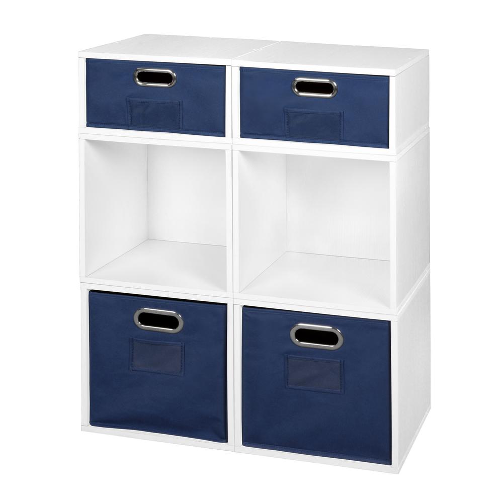 Niche Cubo Storage Set- 4 Full Cubes/2 Half Cubes with Foldable Storage Bins- White Wood Grain/Blue. Picture 1
