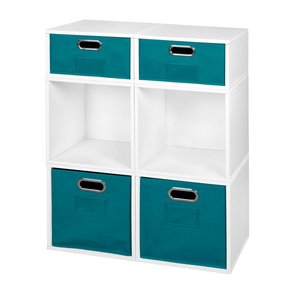 Niche Cubo Storage Set- 4 Full Cubes/2 Half Cubes with Foldable Storage Bins- White Wood Grain/Teal. Picture 1