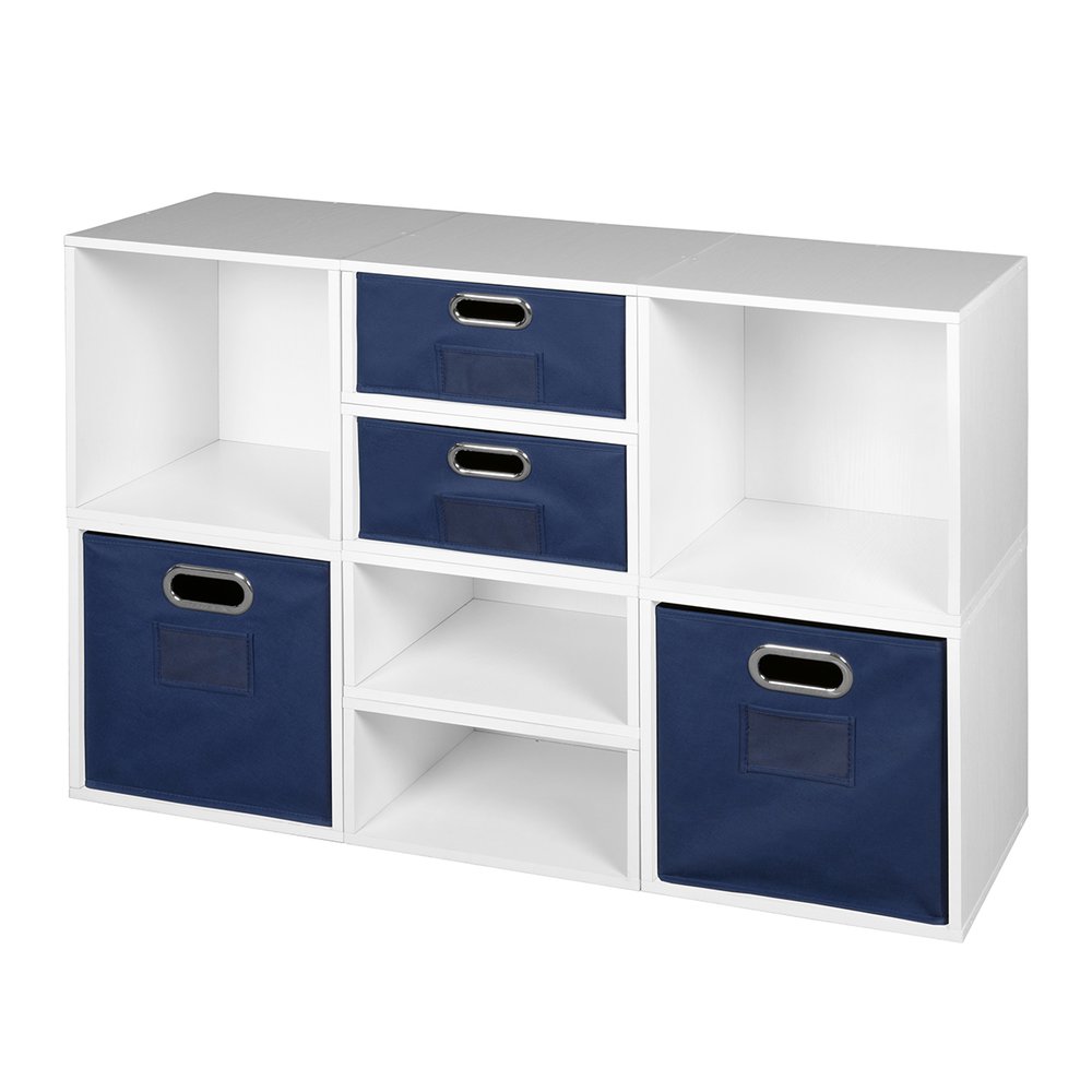 Niche Cubo Storage Set- 4 Full Cubes/4 Half Cubes with Foldable Storage Bins- White Wood Grain/Blue. Picture 1