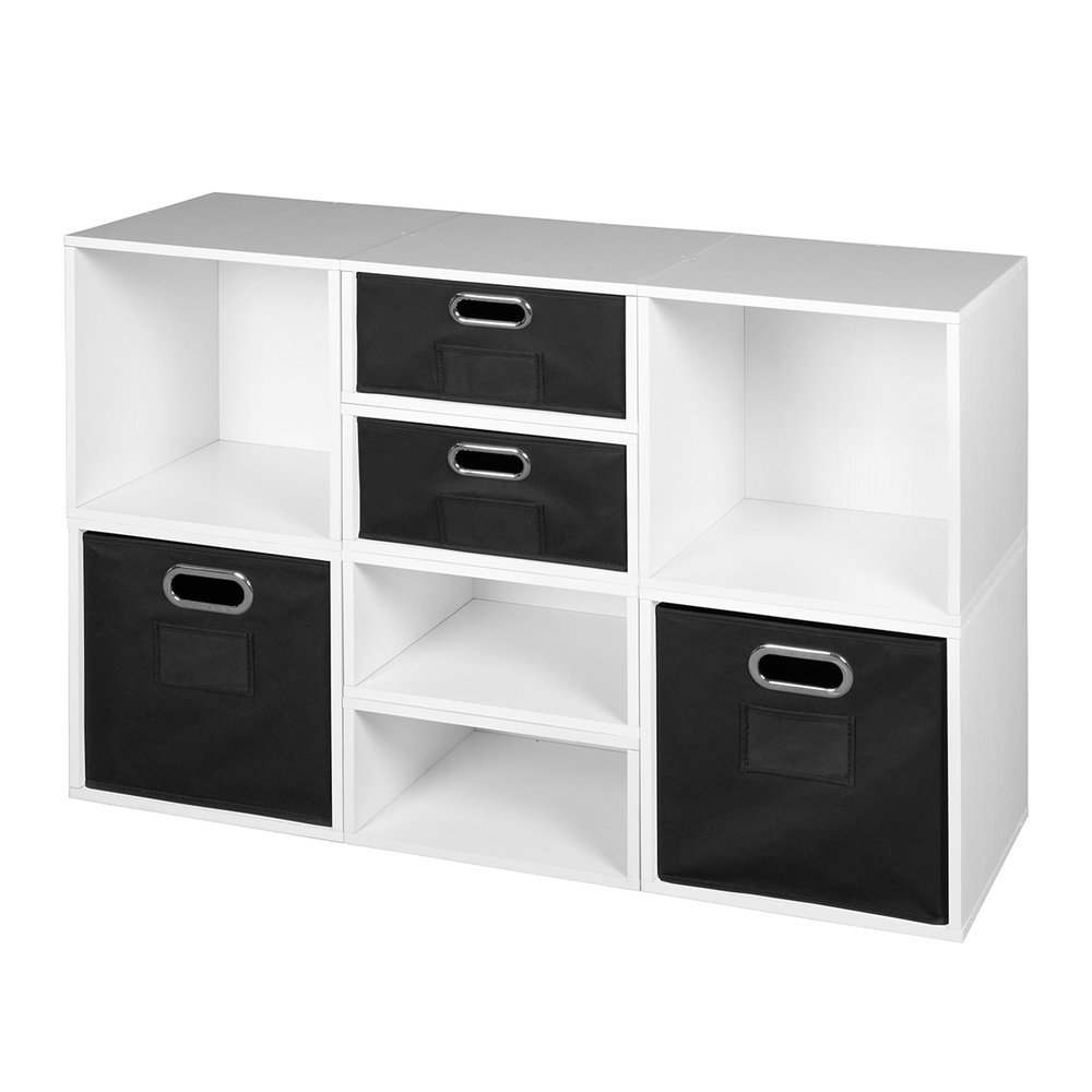 Niche Cubo Storage Set- 4 Full Cubes/4 Half Cubes with Foldable Storage Bins- White Wood Grain/Black. Picture 1