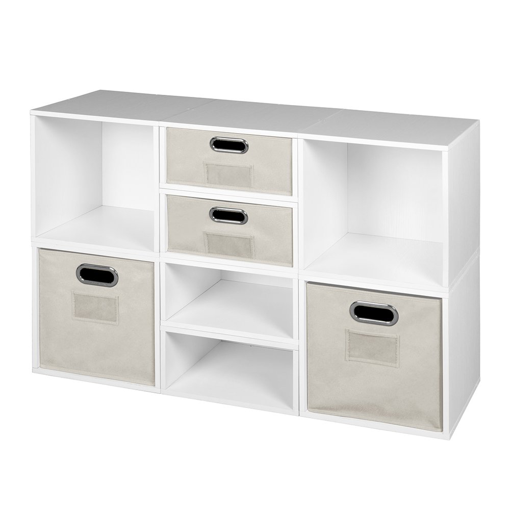 Niche Cubo Storage Set- 4 Full Cubes/4 Half Cubes with Foldable Storage Bins- White Wood Grain/Natural. Picture 1