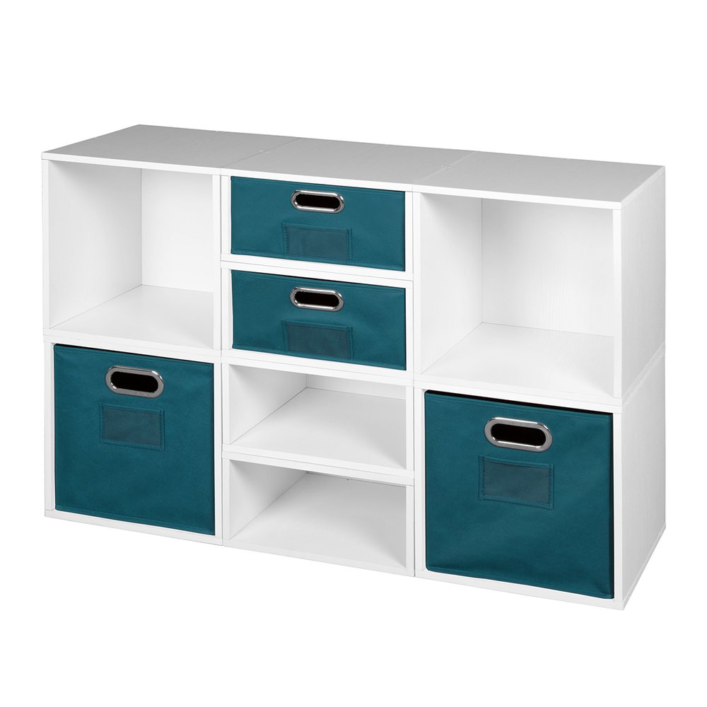 Niche Cubo Storage Set- 4 Full Cubes/4 Half Cubes with Foldable Storage Bins- White Wood Grain/Teal. The main picture.