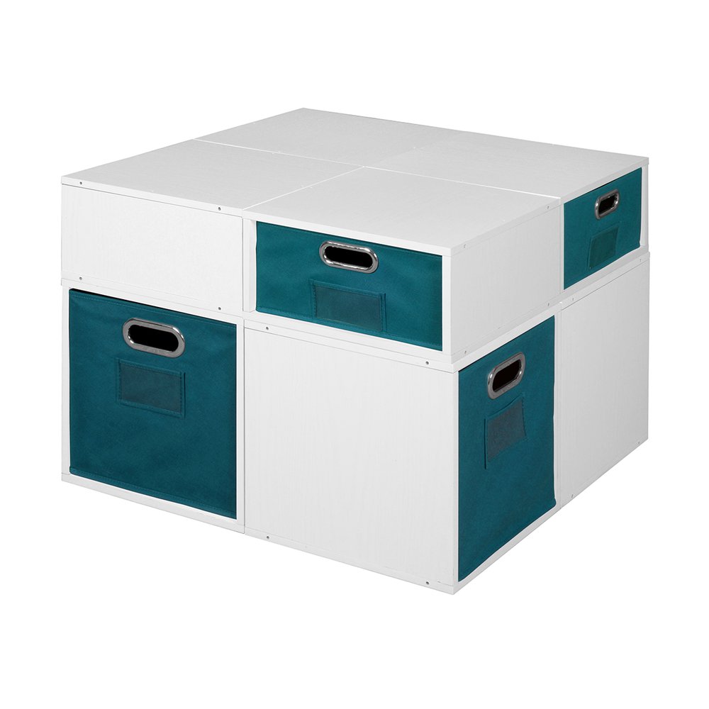 Niche Cubo Storage Set- 4 Full Cubes/4 Half Cubes with Foldable Storage Bins- White Wood Grain/Teal. Picture 2