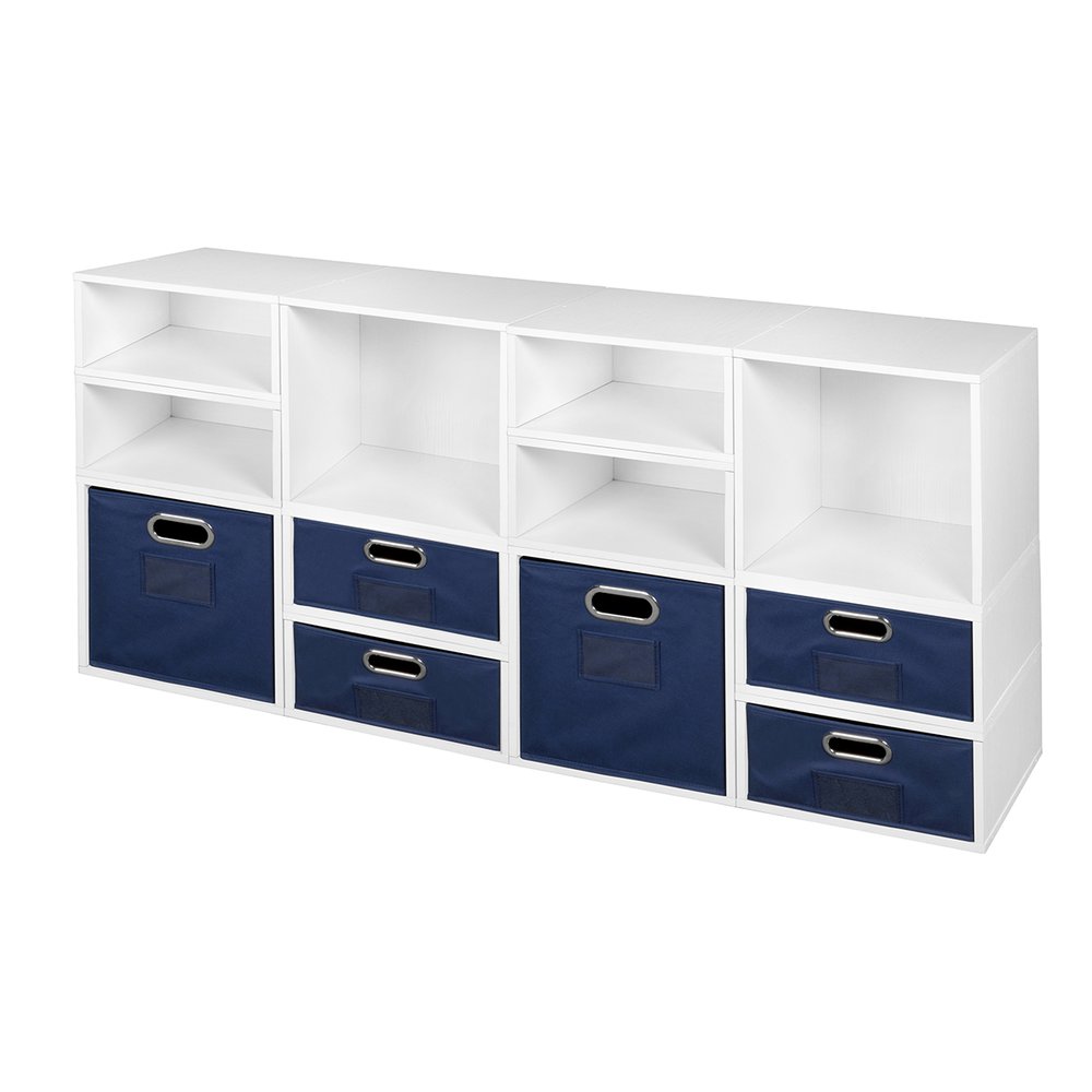 Niche Cubo Storage Set- 4 Full Cubes/8 Half Cubes with Foldable Storage Bins- White Wood Grain/Blue. Picture 1