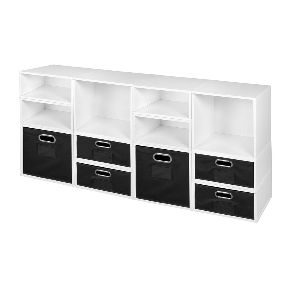 Niche Cubo Storage Set- 4 Full Cubes/8 Half Cubes with Foldable Storage Bins- White Wood Grain/Black. Picture 1