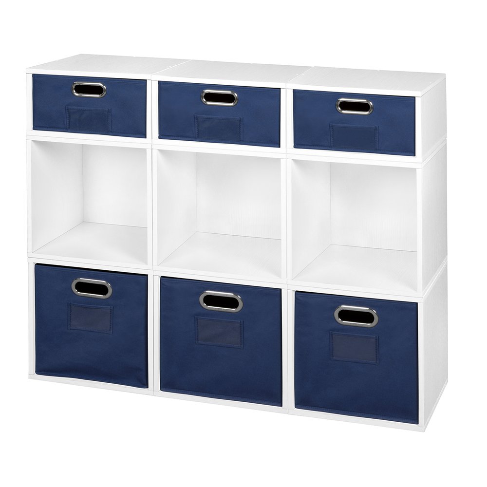 Niche Cubo Storage Set- 6 Full Cubes/3 Half Cubes with Foldable Storage Bins- White Wood Grain/Blue. Picture 1