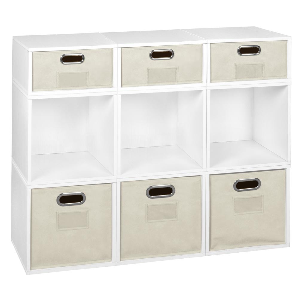Niche Cubo Storage Set- 6 Full Cubes/3 Half Cubes with Foldable Storage Bins- White Wood Grain/Natural. Picture 1