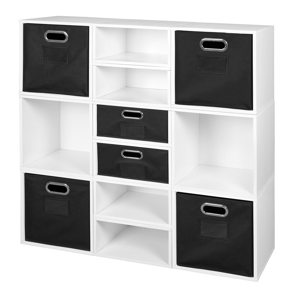 Niche Cubo Storage Set- 6 Full Cubes/6 Half Cubes with Foldable Storage Bins- White Wood Grain/Black. Picture 1