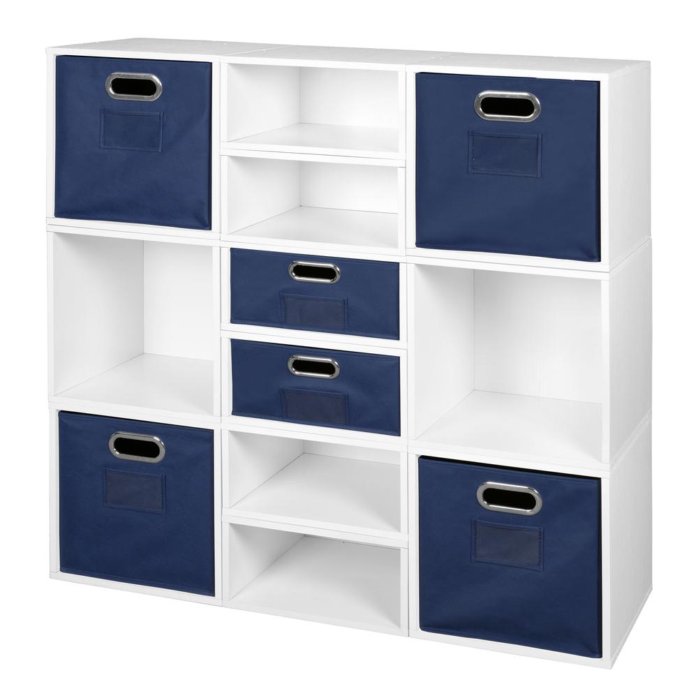 Niche Cubo Storage Set- 6 Full Cubes/6 Half Cubes with Foldable Storage Bins- White Wood Grain/Blue. Picture 1