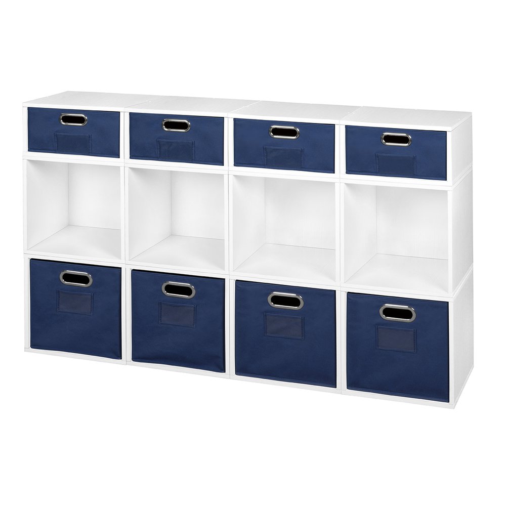 Niche Cubo Storage Set- 8 Full Cubes/4 Half Cubes with Foldable Storage Bins- White Wood Grain/Blue. The main picture.