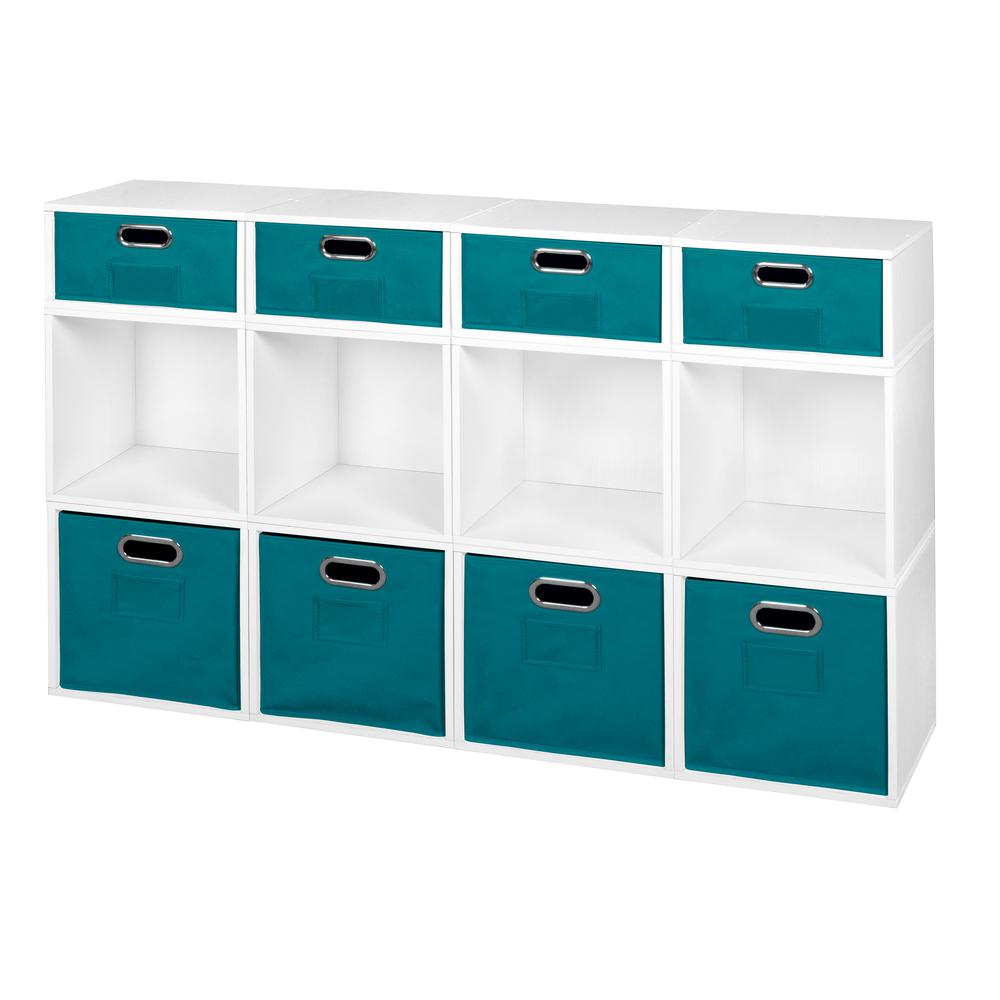 Niche Cubo Storage Set- 8 Full Cubes/4 Half Cubes with Foldable Storage Bins- White Wood Grain/Teal. Picture 1