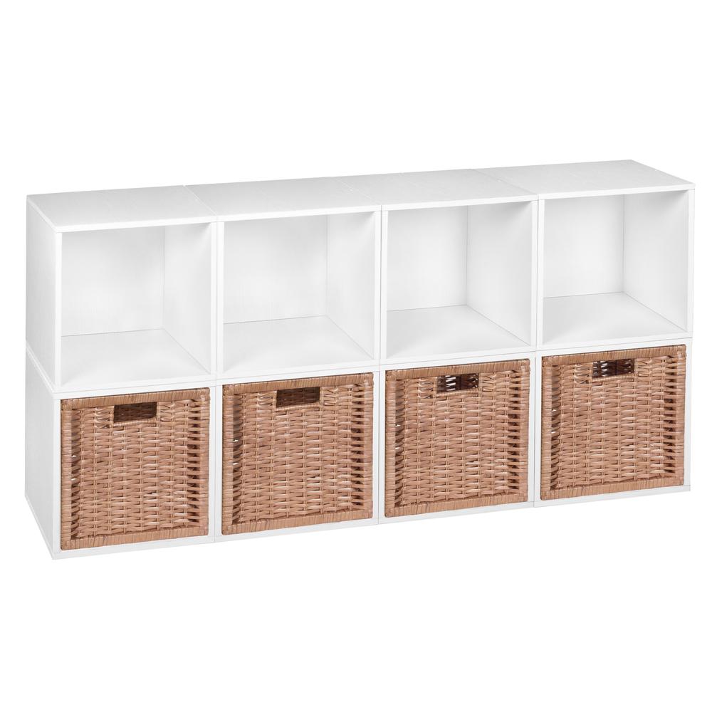 Niche Cubo Storage Set - 8 Cubes and 4 Wicker Baskets- White Wood Grain/Natural. Picture 1