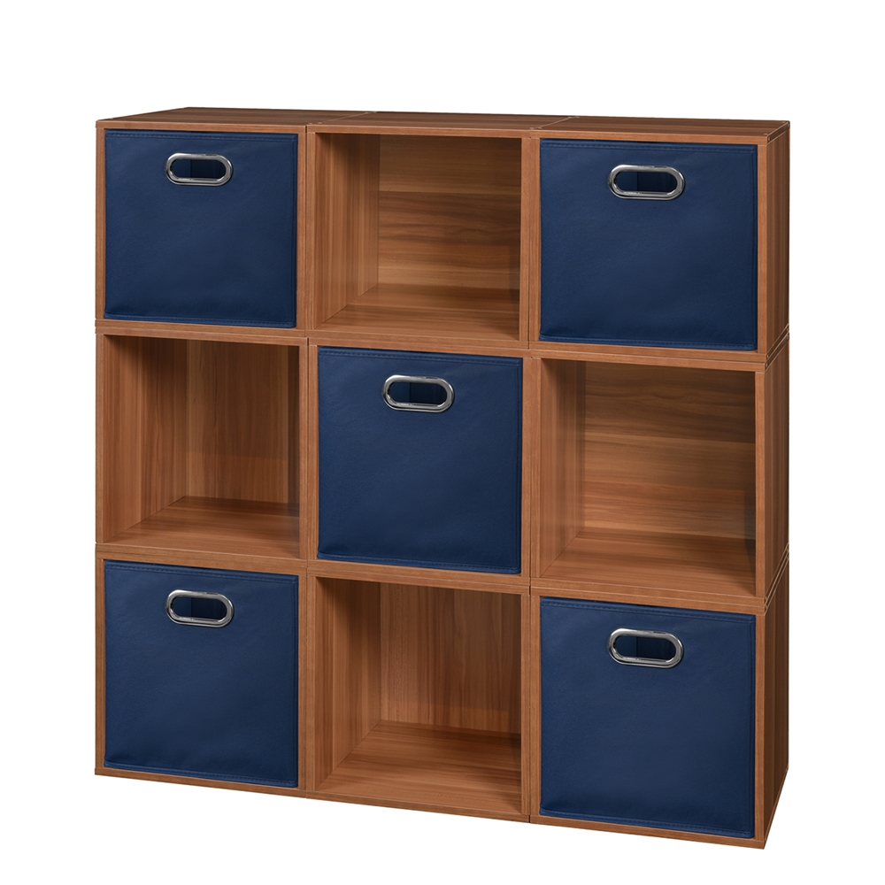 Cubo Storage Set - 9 Cubes and 5 Canvas Bins- Warm Cherry/Blue. The main picture.