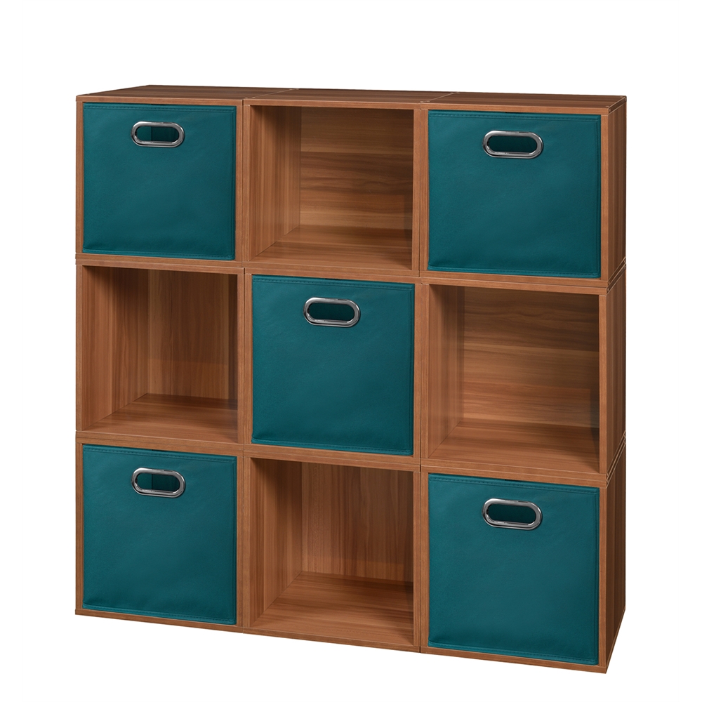 Cubo Storage Set - 9 Cubes and 5 Canvas Bins- Warm Cherry/Teal. The main picture.