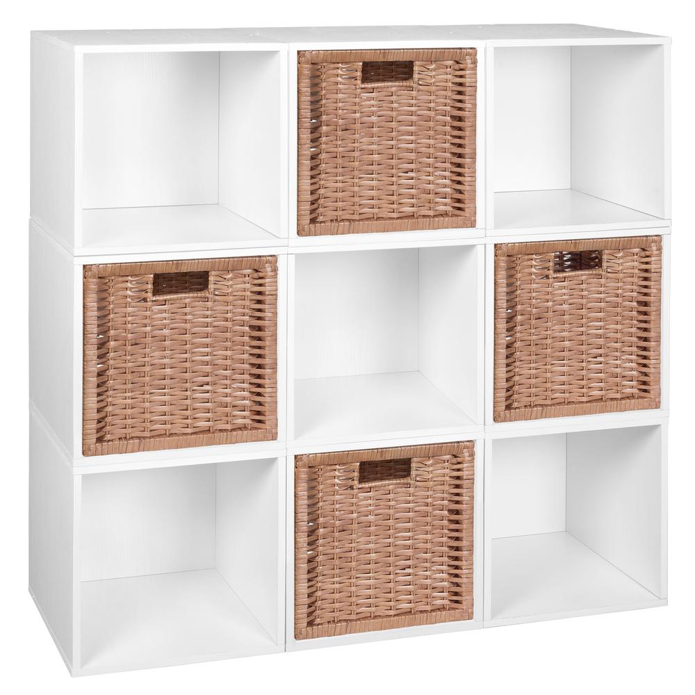 Niche Cubo Storage Set - 9 Cubes and 4 Wicker Baskets- White Wood Grain/Natural. Picture 1