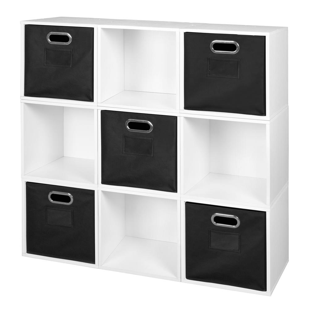 Niche Cubo Storage Set - 9 Cubes and 5 Canvas Bins- White Wood Grain/Black. Picture 1