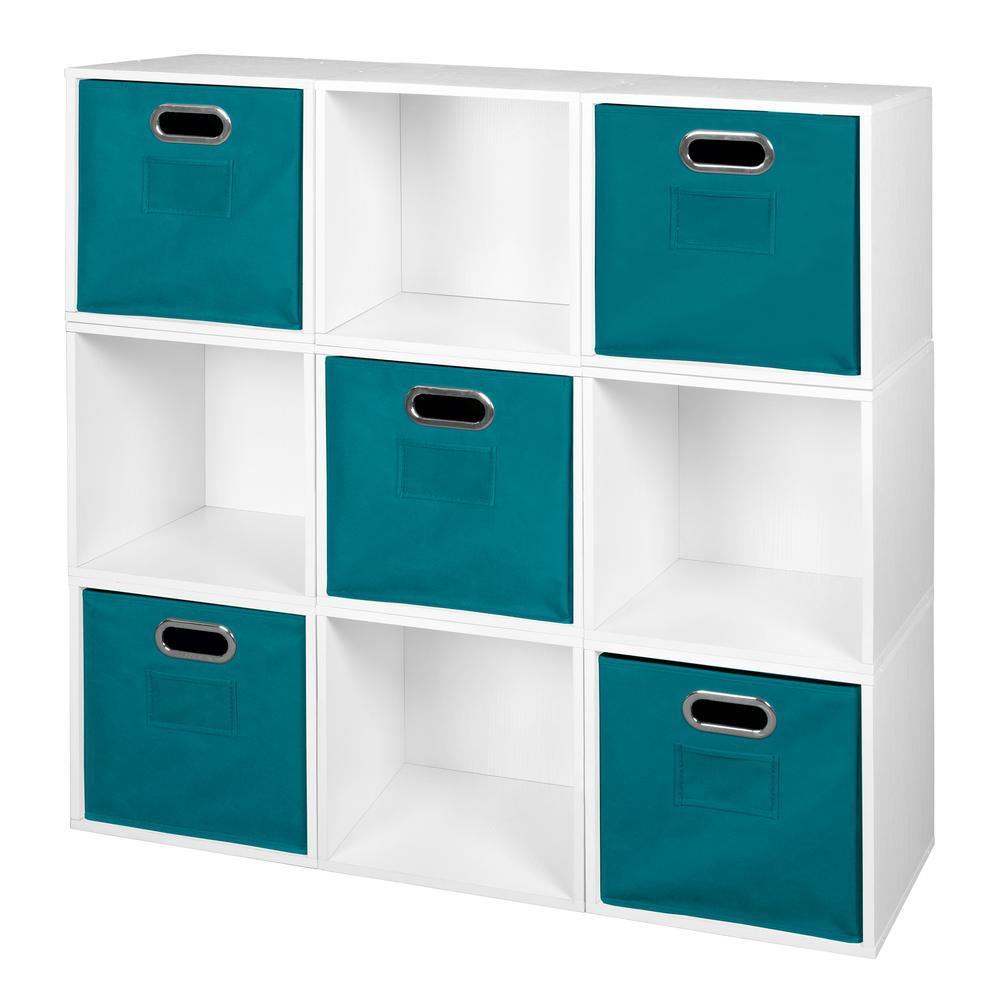 Niche Cubo Storage Set - 9 Cubes and 5 Canvas Bins- White Wood Grain/Teal. The main picture.