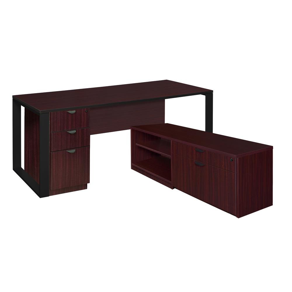 Structure 72" x 30" L-Desk with Laminate Low Credenza with Full Pedestal- Mahogany/Black. Picture 1