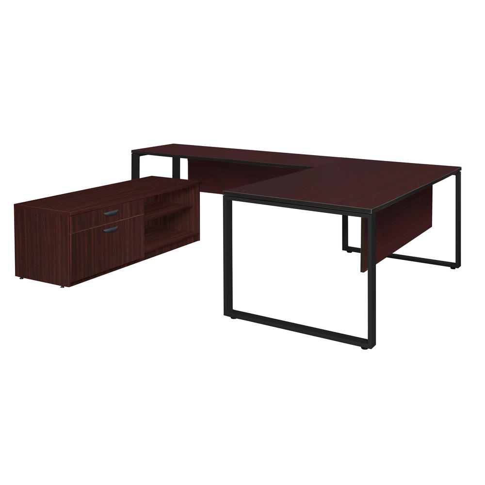 Structure 72" x 30" U-Desk with Laminate Low Credenza- Mahogany/Black. Picture 1