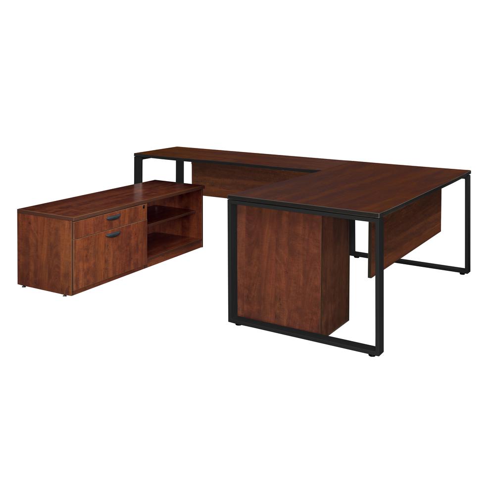 Structure 72" x 30" U-Desk with Laminate Low Credenza and Full Pedestal- Cherry/Black. The main picture.