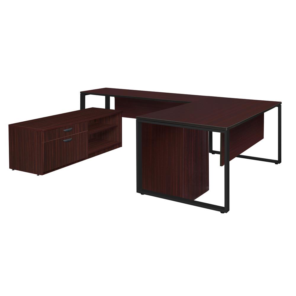 Structure 72" x 30" U-Desk with Laminate Low Credenza and Full Pedestal- Mahogany/Black. The main picture.