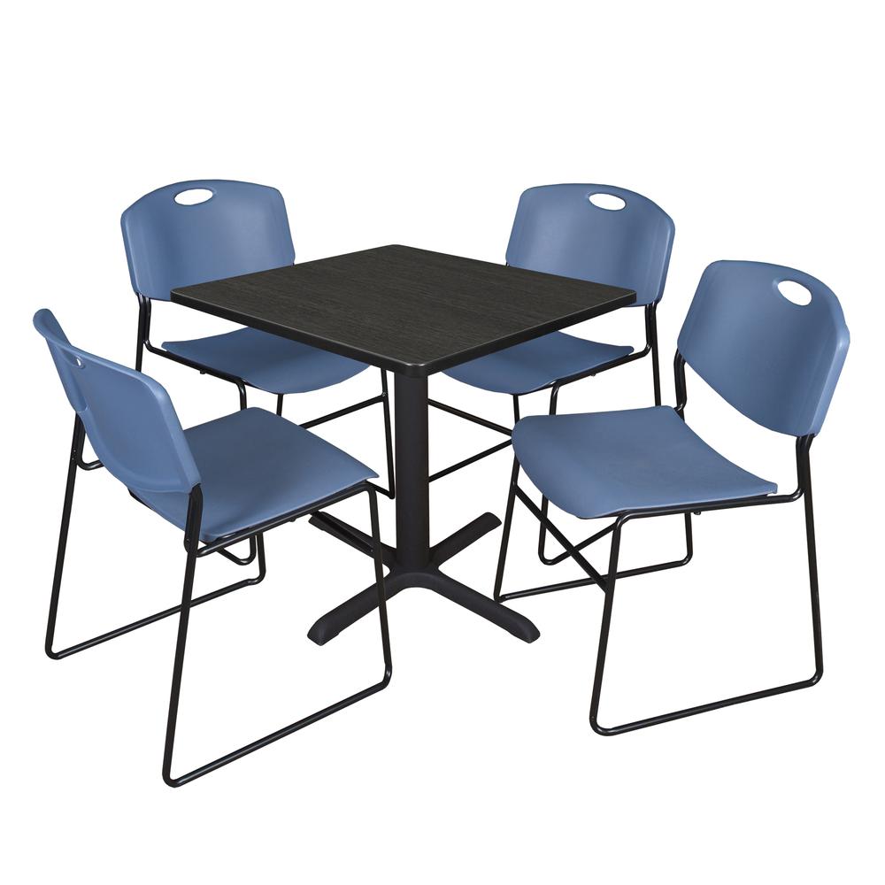 Regency Cain 30 in. Square Breakroom Table- Ash Grey & 4 Zeng Stack Chairs- Blue. Picture 1