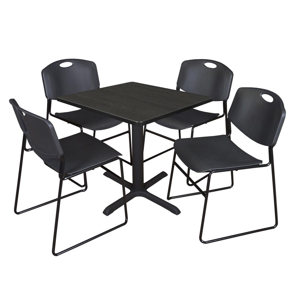 Regency Cain 30 in. Square Breakroom Table- Ash Grey & 4 Zeng Stack Chairs- Black. Picture 1