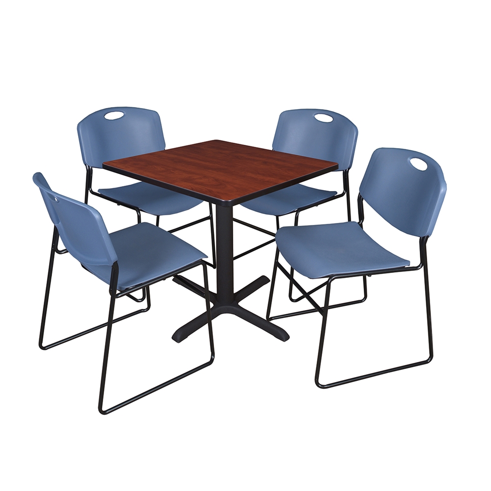 Cain 30" Square Breakroom Table- Cherry & 4 Zeng Stack Chairs- Blue. Picture 1